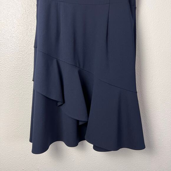Ann Taylor Petite Navy Asymmetrical Flounce Hem Dress Size 10P Sleeveless Work - Picture 6 of 13